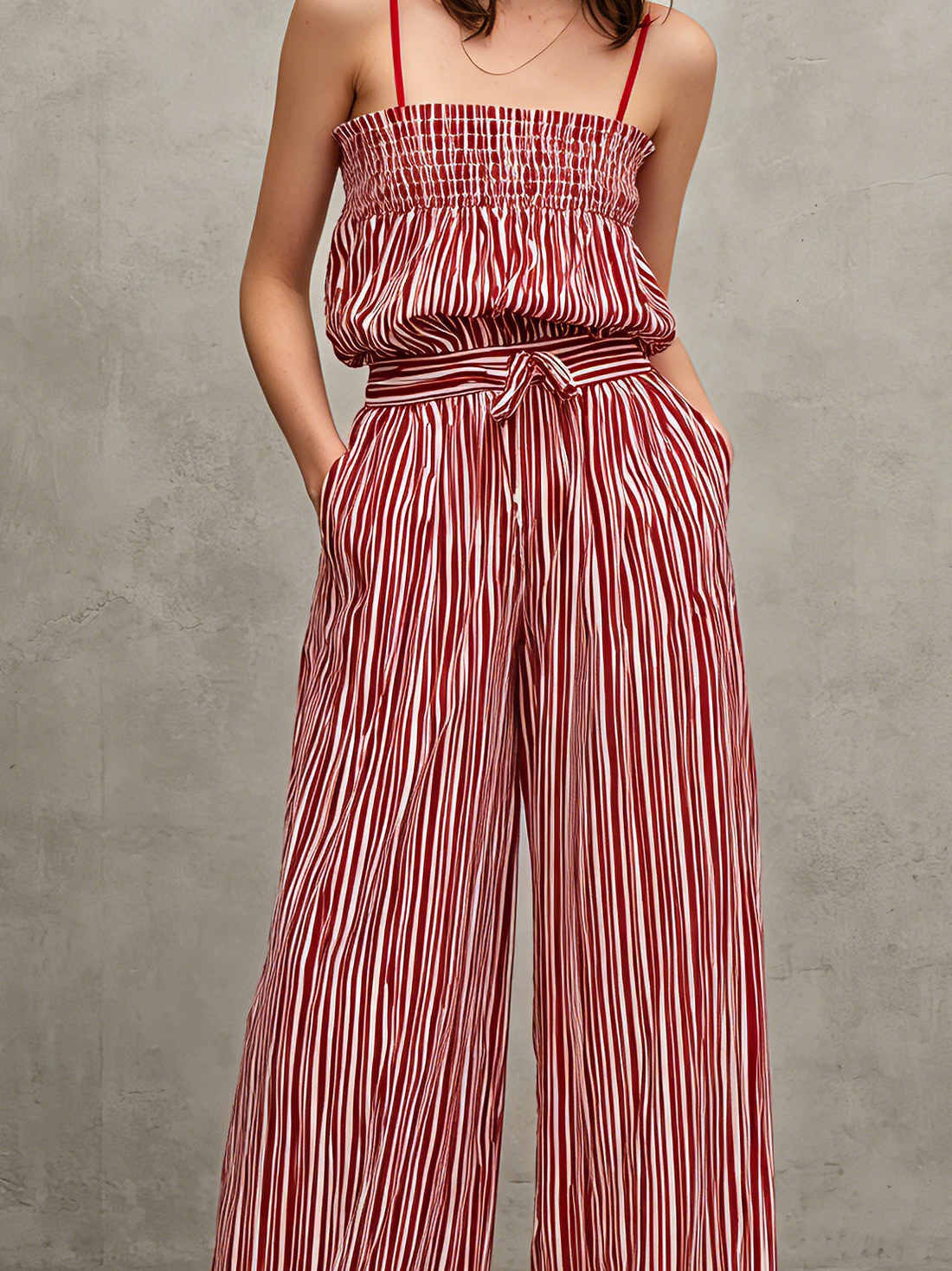 Women's Casual Red & White Striped Print Woven Jumpsuit — Sleeveless, Spaghetti Strap, Full-Length MDZ2920D1LXY