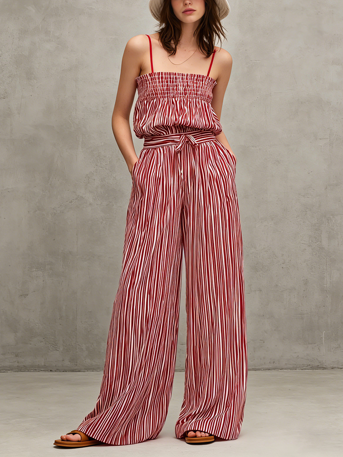 Women's Casual Red & White Striped Print Woven Jumpsuit — Sleeveless, Spaghetti Strap, Full-Length MDZ2920D1LXY