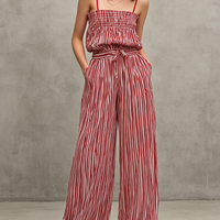 Women's Casual Red & White Striped Print Woven Jumpsuit — Sleeveless, Spaghetti Strap, Full-Length MDZ2920D1LXY