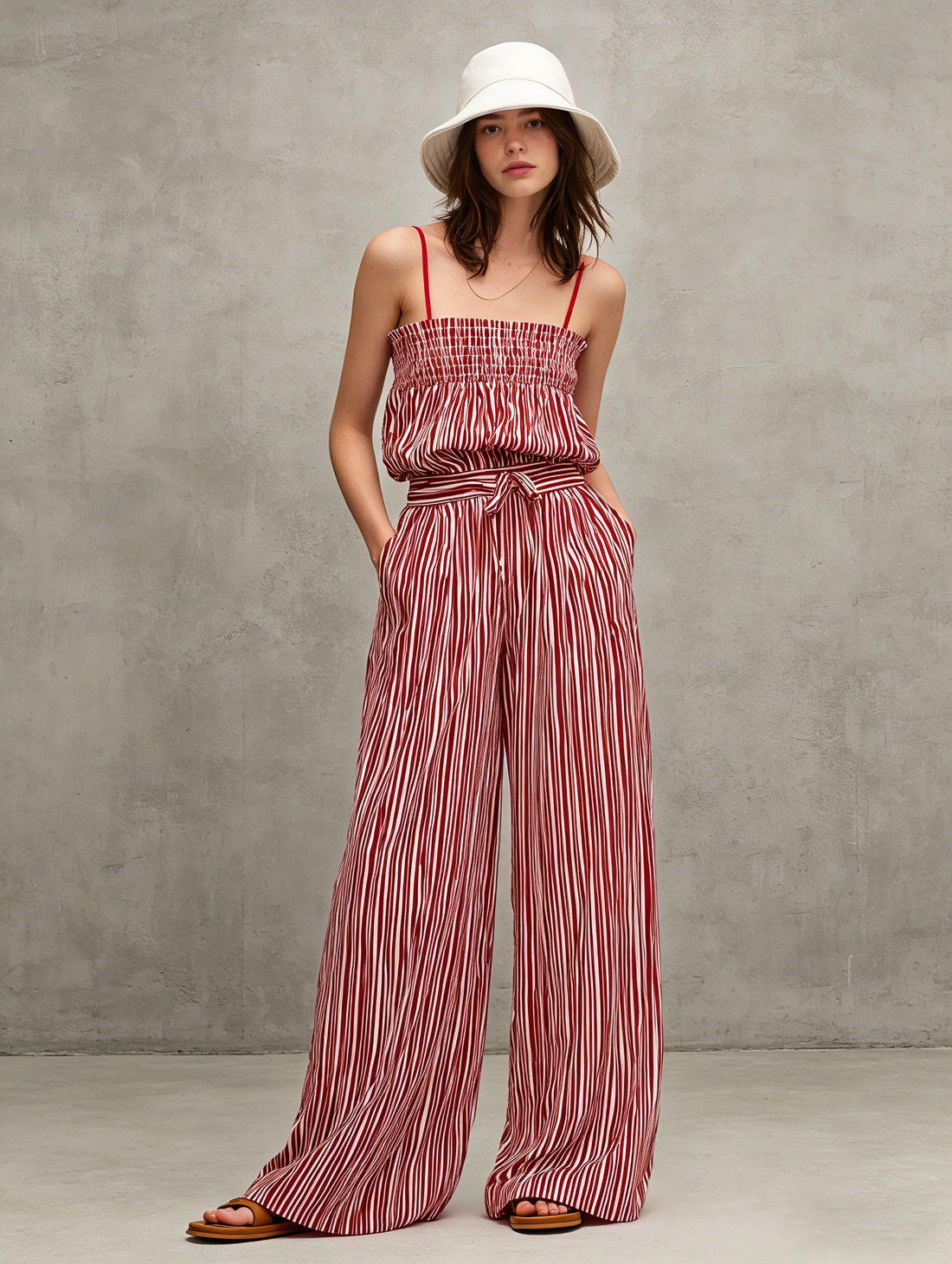 Women's Casual Red & White Striped Print Woven Jumpsuit — Sleeveless, Spaghetti Strap, Full-Length MDZ2920D1LXY