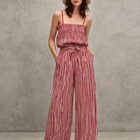 Women's Casual Red & White Striped Print Woven Jumpsuit — Sleeveless, Spaghetti Strap, Full-Length MDZ2920D1LXY