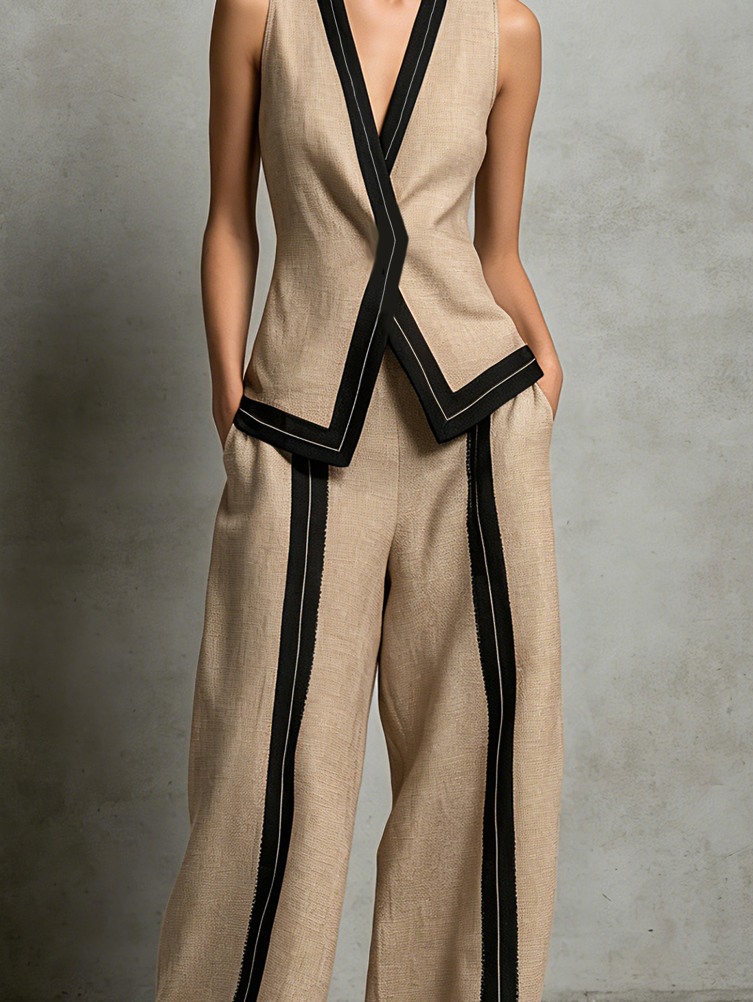 Women's Casual Brown Cotton-Linen V-Neck Sleeveless Vest And Trousers Set MDZ2993D6LXY
