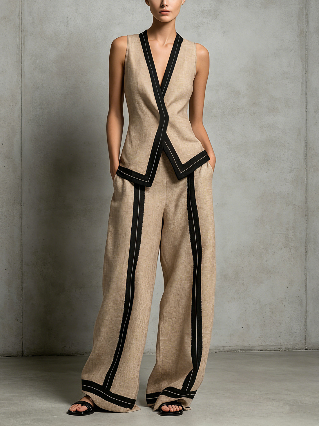 Women's Casual Brown Cotton-Linen V-Neck Sleeveless Vest And Trousers Set MDZ2993D6LXY