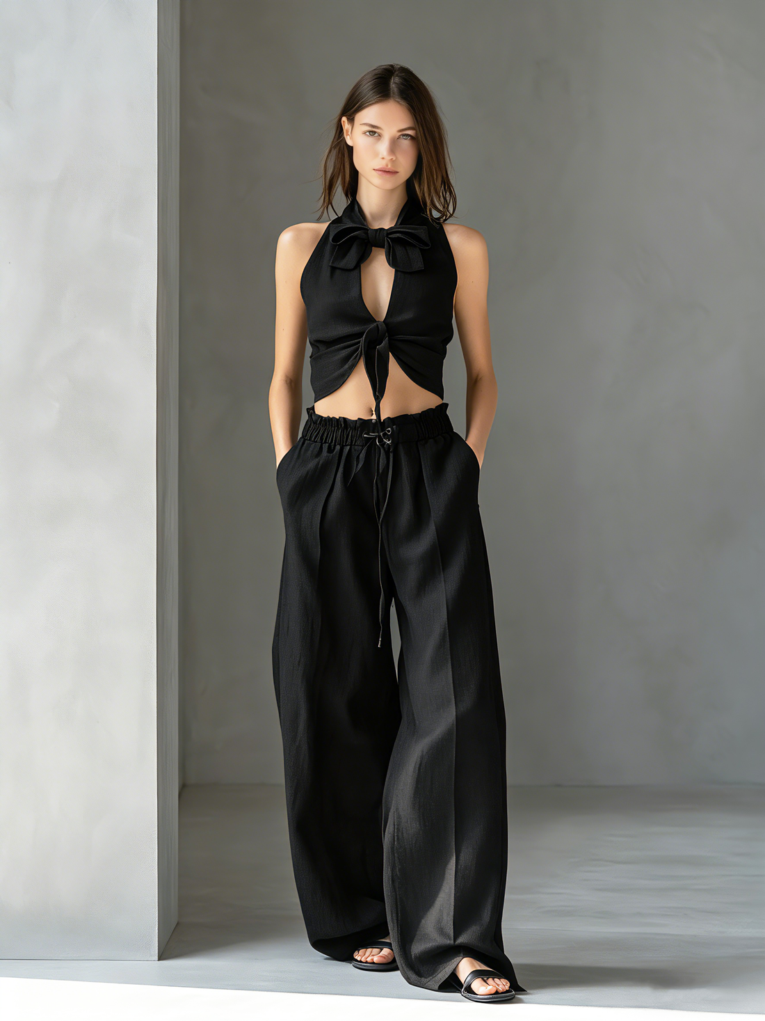 Women's Casual Black Cotton-Linen Sleeveless Top With Tie-Front Detail (Lined) — Paired With Trousers MDZ2987D0LXY