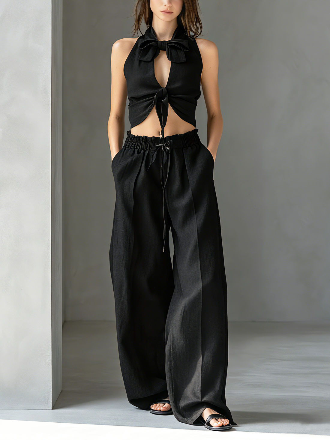 Women's Casual Black Cotton-Linen Sleeveless Top With Tie-Front Detail (Lined) — Paired With Trousers MDZ2987D0LXY