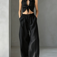 Women's Casual Black Cotton-Linen Sleeveless Top With Tie-Front Detail (Lined) — Paired With Trousers MDZ2987D0LXY