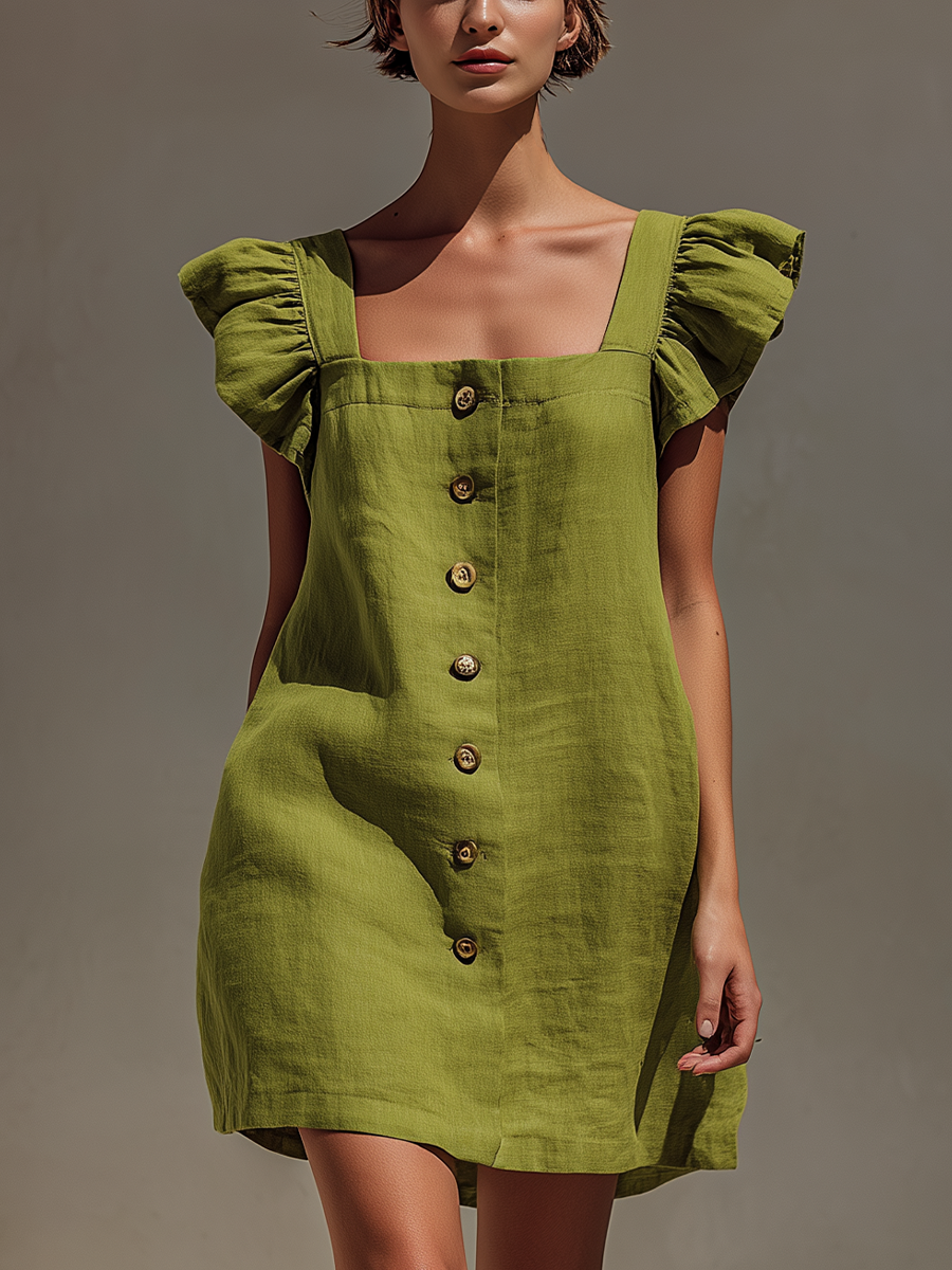 Women’s Olive Green Linen-Blend Square Neck Mini Dress With Ruffled Cap Sleeves & Button Front MDZ2986D8T