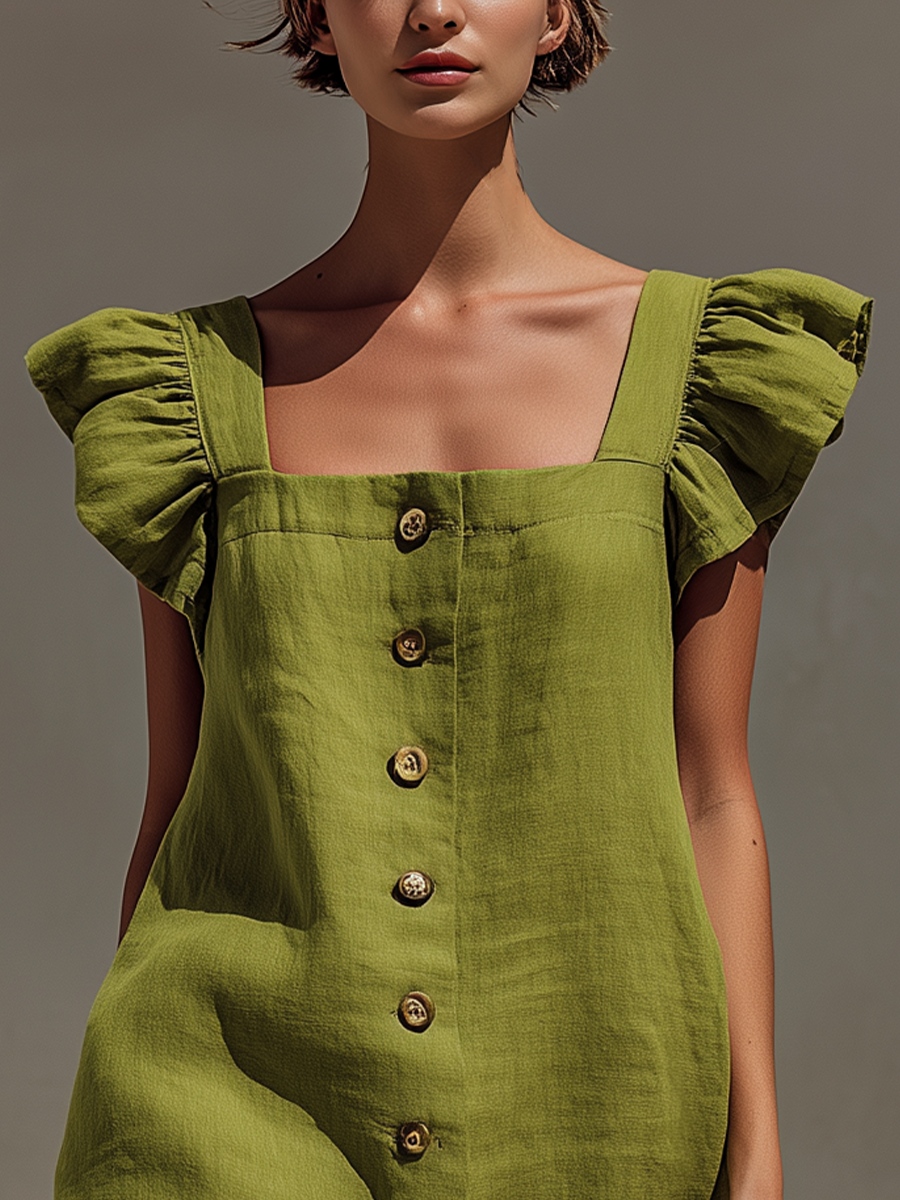 Women’s Olive Green Linen-Blend Square Neck Mini Dress With Ruffled Cap Sleeves & Button Front MDZ2986D8T