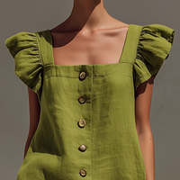 Women’s Olive Green Linen-Blend Square Neck Mini Dress With Ruffled Cap Sleeves & Button Front MDZ2986D8T