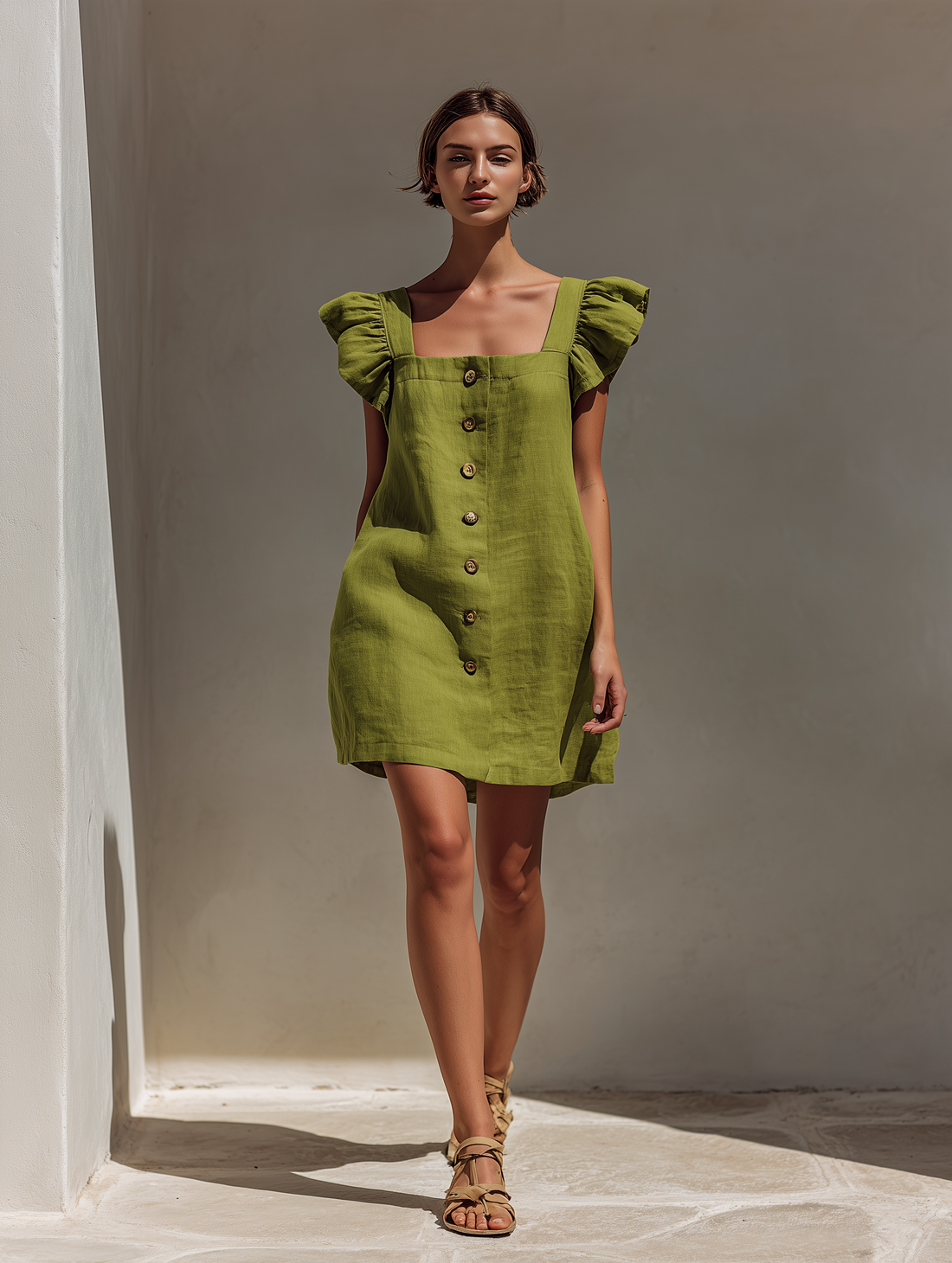 Women’s Olive Green Linen-Blend Square Neck Mini Dress With Ruffled Cap Sleeves & Button Front MDZ2986D8T