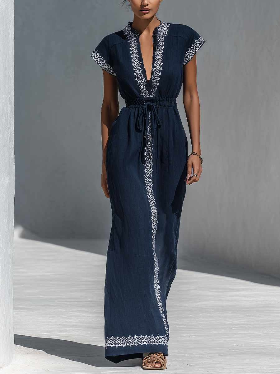 Women’s Navy Blue Linen-Blend Maxi Dress With White Contrast Embroidery & Drawstring Waist MDZ2935D1T