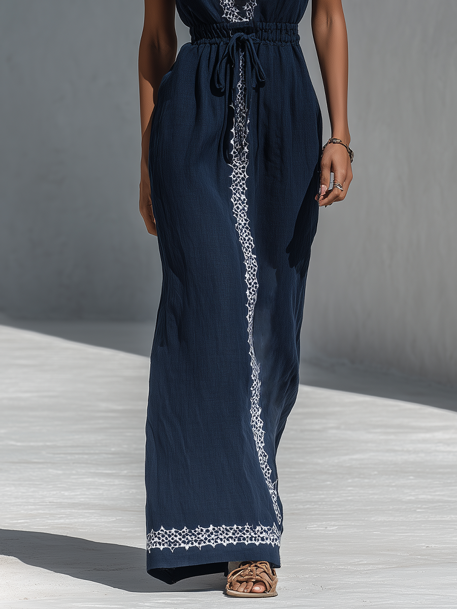 Women’s Navy Blue Linen-Blend Maxi Dress With White Contrast Embroidery & Drawstring Waist MDZ2935D1T