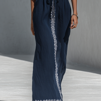 Women’s Navy Blue Linen-Blend Maxi Dress With White Contrast Embroidery & Drawstring Waist MDZ2935D1T