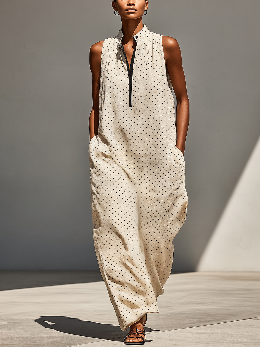 Women’s Beige Polka Dot Linen-Blend Sleeveless Maxi Dress With Stand Collar & Half Placket MDZ2962D6T