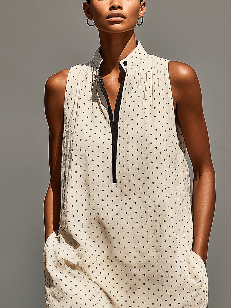 Women’s Beige Polka Dot Linen-Blend Sleeveless Maxi Dress With Stand Collar & Half Placket MDZ2962D6T