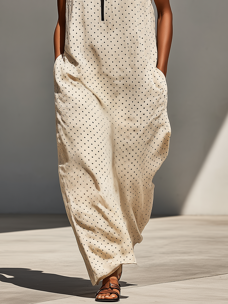 Women’s Beige Polka Dot Linen-Blend Sleeveless Maxi Dress With Stand Collar & Half Placket MDZ2962D6T