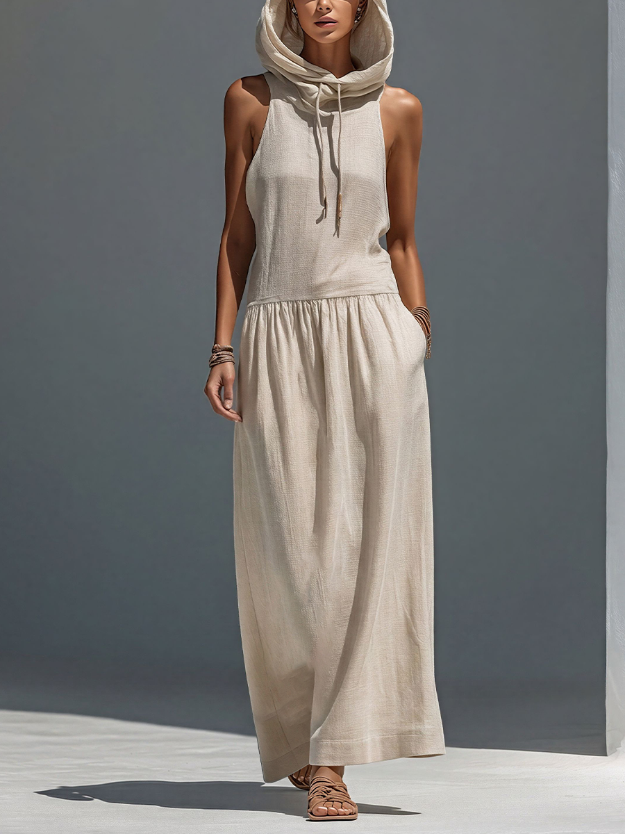 Women’s Beige Linen-Blend Sleeveless Hooded Maxi Dress MDZ2928D2T
