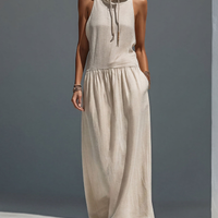 Women’s Beige Linen-Blend Sleeveless Hooded Maxi Dress MDZ2928D2T