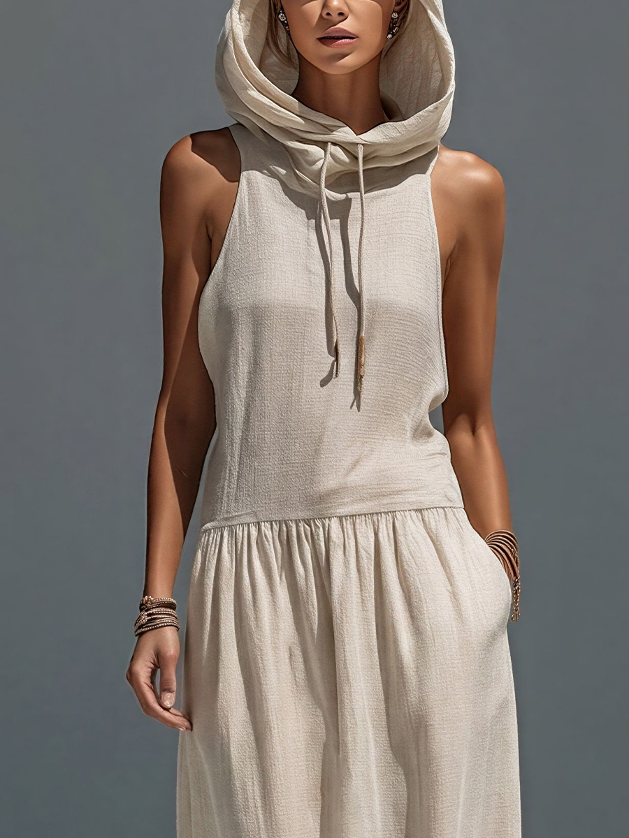 Women’s Beige Linen-Blend Sleeveless Hooded Maxi Dress MDZ2928D2T