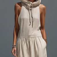 Women’s Beige Linen-Blend Sleeveless Hooded Maxi Dress MDZ2928D2T