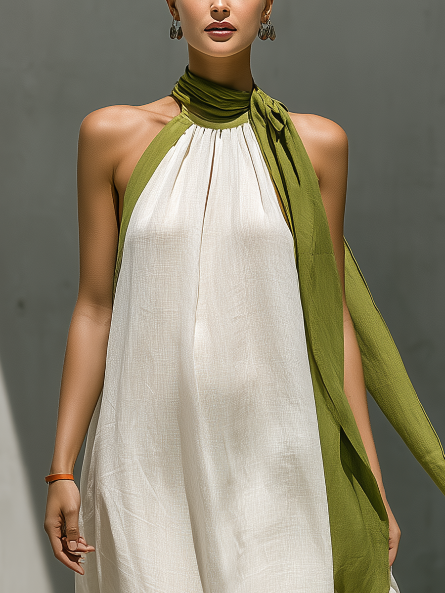 Women’s White Linen-Blend Halter Neck Maxi Dress With Green Contrast Trim & Tie Detail MDZ2932D3T
