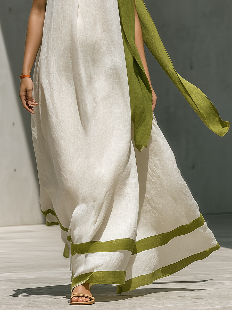 Women’s White Linen-Blend Halter Neck Maxi Dress With Green Contrast Trim & Tie Detail MDZ2932D3T