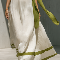 Women’s White Linen-Blend Halter Neck Maxi Dress With Green Contrast Trim & Tie Detail MDZ2932D3T