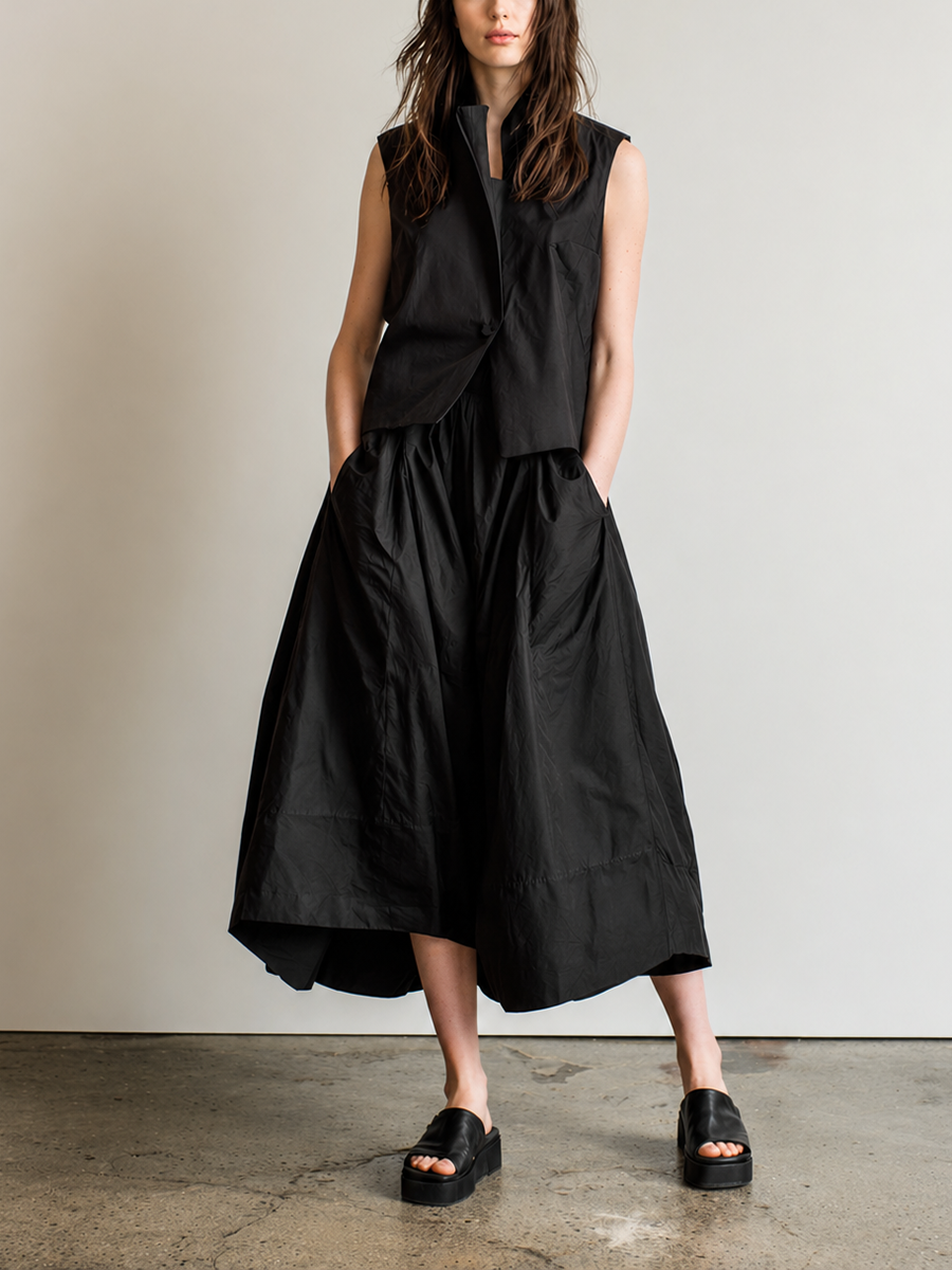 Women's Minimalist Commuter-Casual Faux Two-Piece Cotton-Linen Black Sleeveless Midi Dress MDZ2942D6ZJW