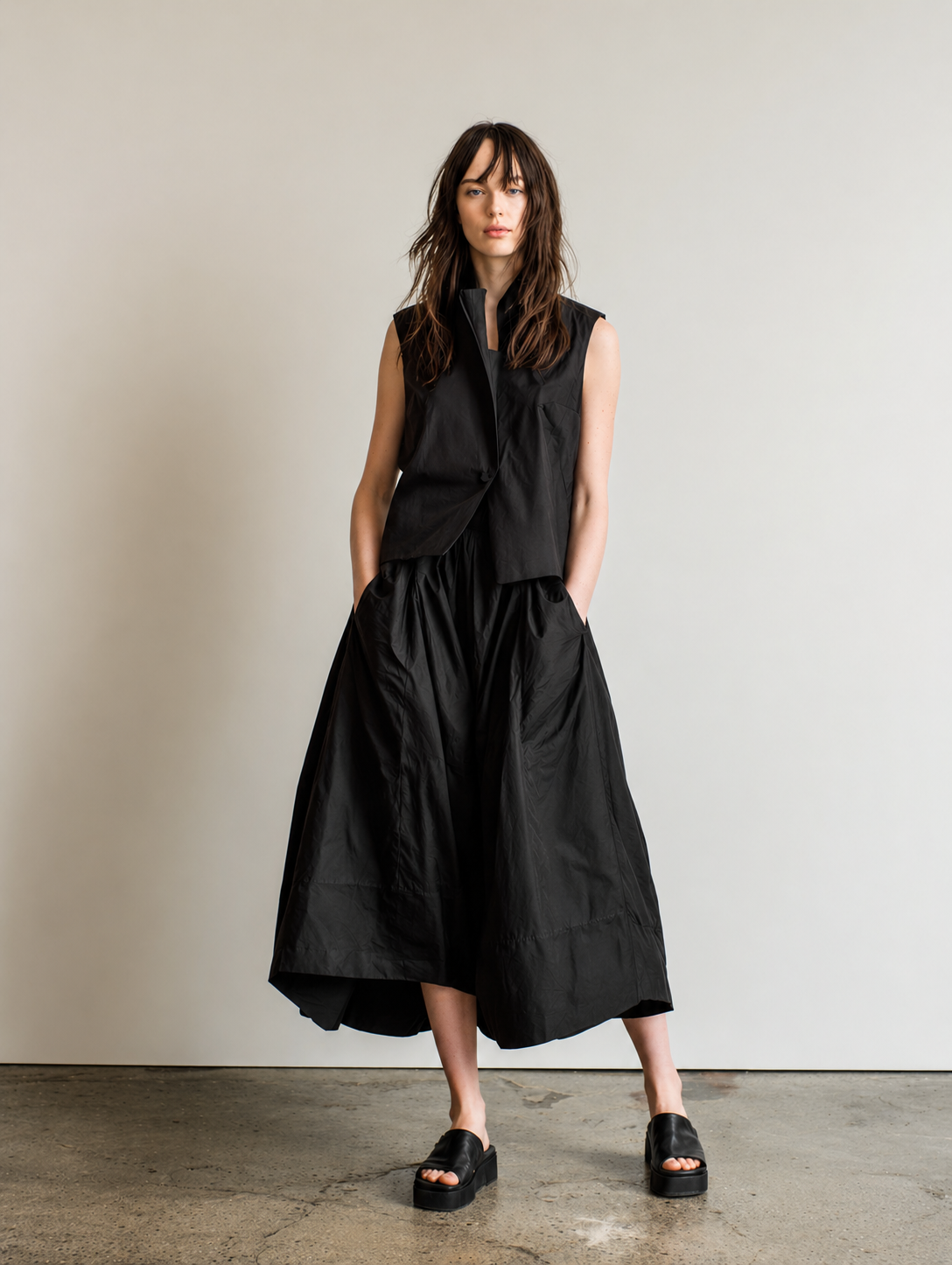 Women's Minimalist Commuter-Casual Faux Two-Piece Cotton-Linen Black Sleeveless Midi Dress MDZ2942D6ZJW