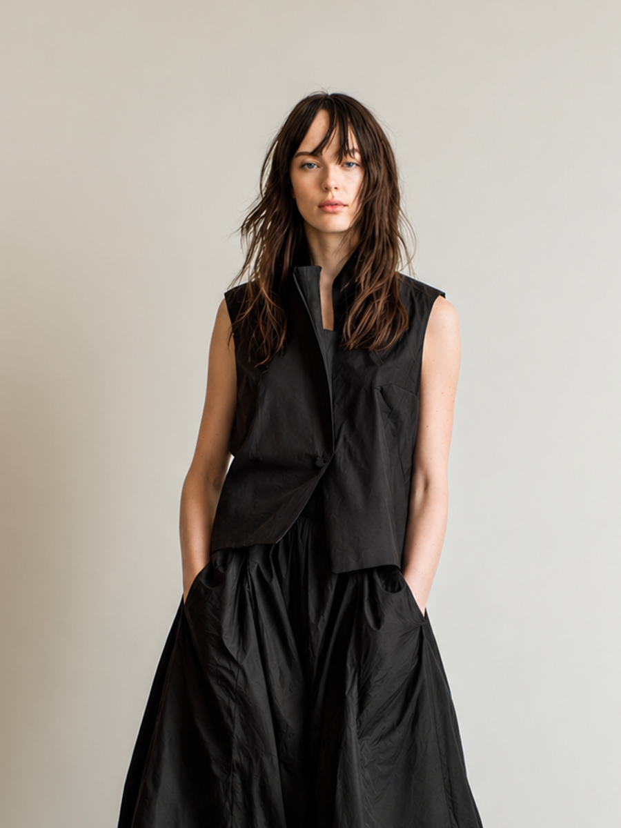 Women's Minimalist Commuter-Casual Faux Two-Piece Cotton-Linen Black Sleeveless Midi Dress MDZ2942D6ZJW