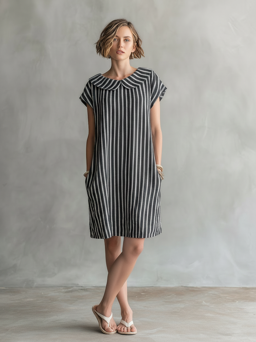 Women's Minimalist Striped Short-Sleeve Straight-Fit Mini Dress With Peter Pan Collar MDZ2999D0Y