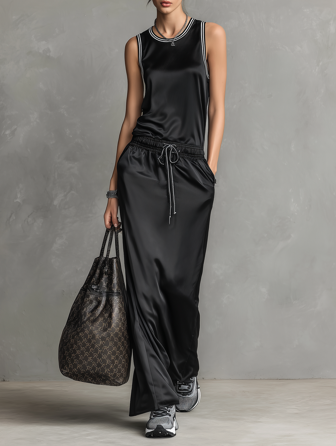 Women's Minimalist Satin Crew Neck Sleeveless Drawstring Maxi Dress MDZ2995D5Y