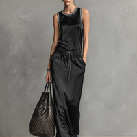 Women's Minimalist Satin Crew Neck Sleeveless Drawstring Maxi Dress MDZ2995D5Y