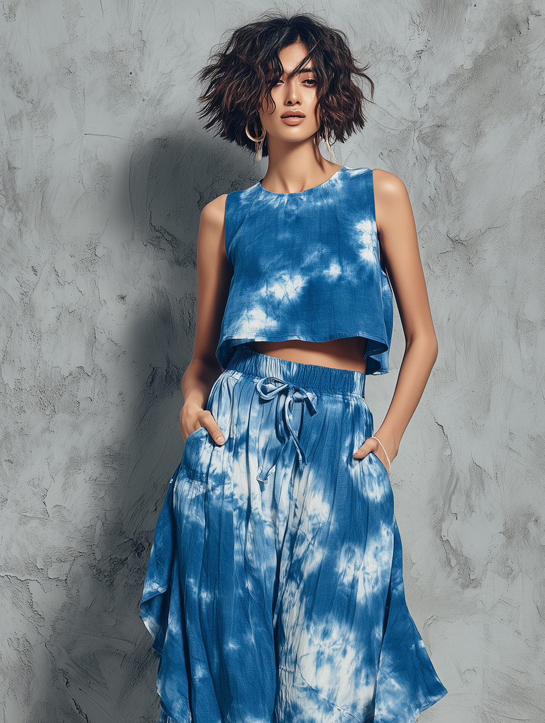 Women's Minimalist Tie-Dye Print Sleeveless Blouse & Ruffled Wide-Leg Pants Set MDZ2917D2Y