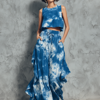 Women's Minimalist Tie-Dye Print Sleeveless Blouse & Ruffled Wide-Leg Pants Set MDZ2917D2Y