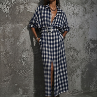 Women's Casual Commuter Style Blue And White Plaid Cotton Belted Front Slit Maxi Shirt Dress MDZ2982D6GMJ