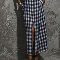Women's Casual Commuter Style Blue And White Plaid Cotton Belted Front Slit Maxi Shirt Dress MDZ2982D6GMJ