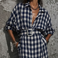 Women's Casual Commuter Style Blue And White Plaid Cotton Belted Front Slit Maxi Shirt Dress MDZ2982D6GMJ
