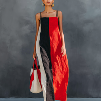 Women's Minimalist Color-Block Linen-Blend Maxi Dress With Square Neck And Spaghetti Straps MDZ2974D6Y