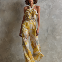 Women's Elegant Watercolor-Print Chiffon Jumpsuit — Halter Neck With Ruffles And Straight-Leg Fit MDZ2940D9Y