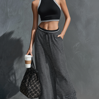 Women's Athleisure Ribbed Knit Sleeveless Tank Top & Drawstring Striped Maxi Skirt Set MDZ2912D4Y