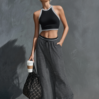 Women's Athleisure Ribbed Knit Sleeveless Tank Top & Drawstring Striped Maxi Skirt Set MDZ2912D4Y