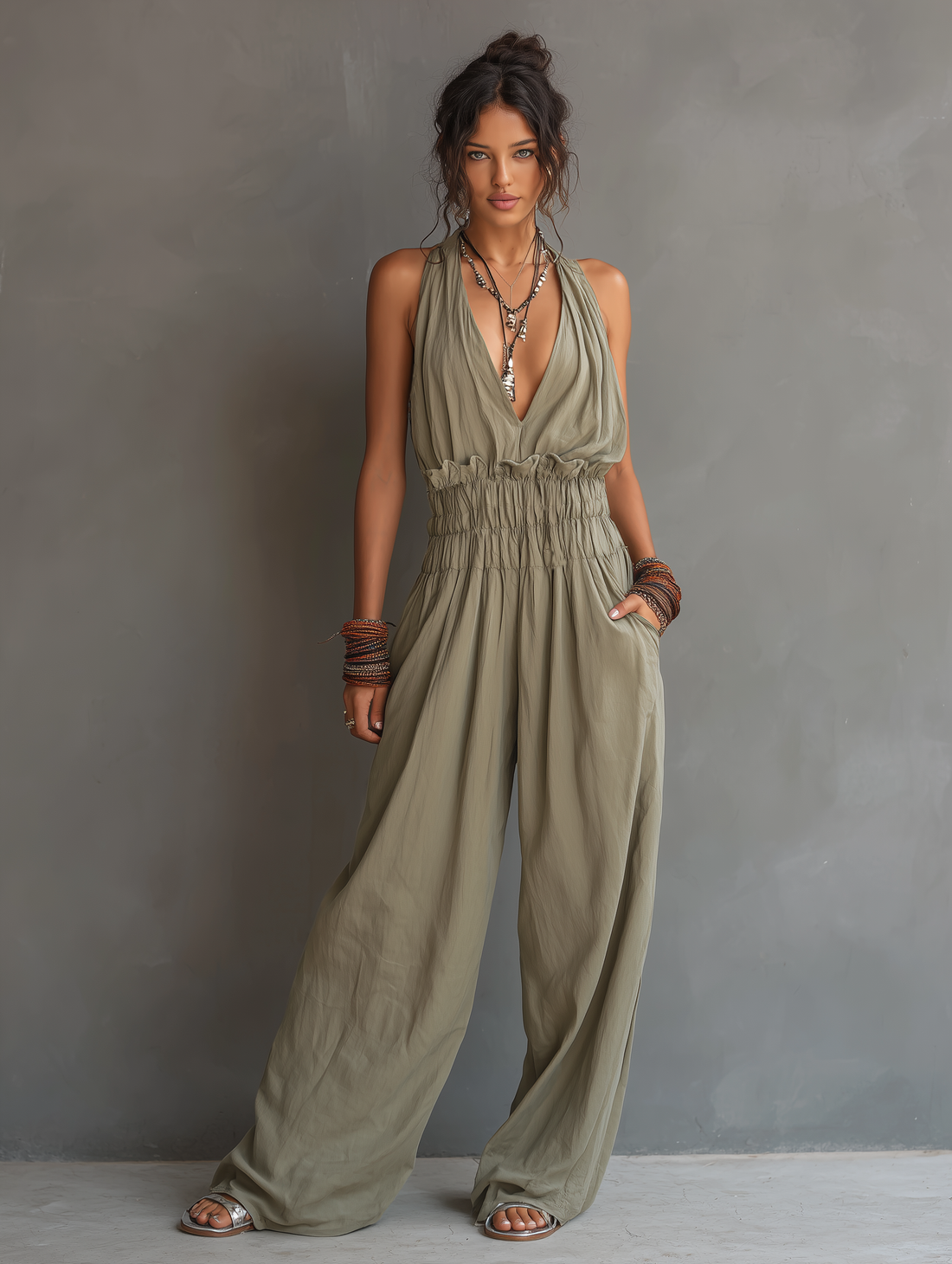 Women's Minimalist Halter-Neck V-Neck Sleeveless Waist-Cinching Jumpsuit MDZ2904D2Y