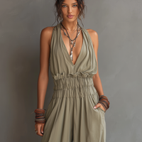 Women's Minimalist Halter-Neck V-Neck Sleeveless Waist-Cinching Jumpsuit MDZ2904D2Y