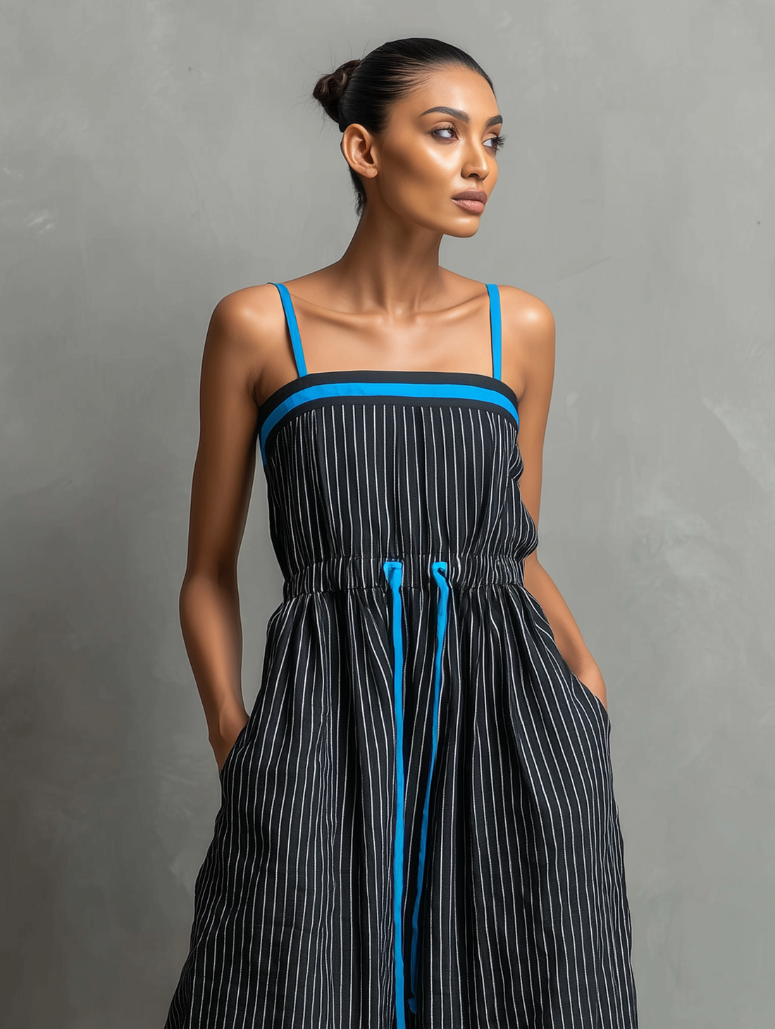 Women's Minimalist Striped Color-Block Jumpsuit — Spaghetti Strap, Square Neck, Drawstring, And Balloon Pants MDZ2991D2Y