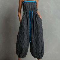 Women's Minimalist Striped Color-Block Jumpsuit — Spaghetti Strap, Square Neck, Drawstring, And Balloon Pants MDZ2991D2Y
