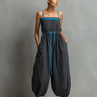 Women's Minimalist Striped Color-Block Jumpsuit — Spaghetti Strap, Square Neck, Drawstring, And Balloon Pants MDZ2991D2Y