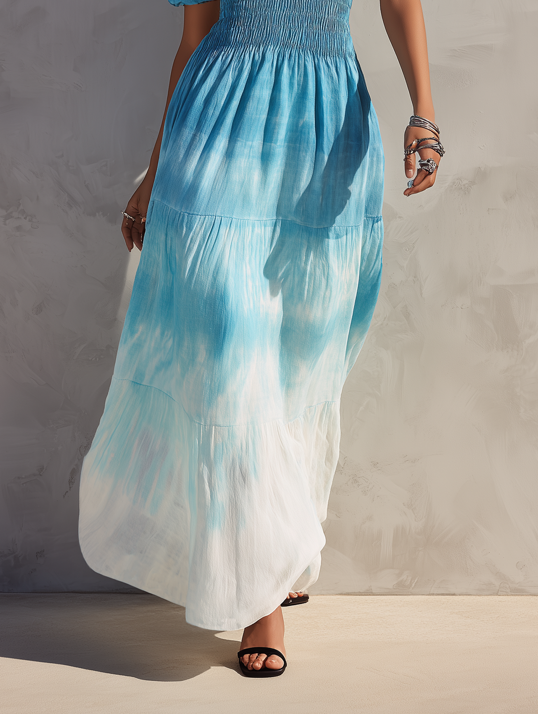 Women's Minimalist Linen-Blend Ombré Print Off-Shoulder Short-Sleeve Maxi Dress MDZ2905D9Y