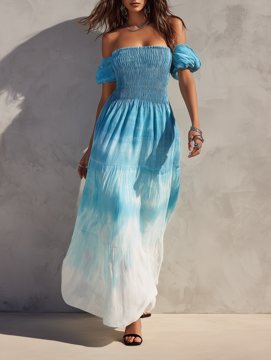Women's Minimalist Linen-Blend Ombré Print Off-Shoulder Short-Sleeve Maxi Dress MDZ2905D9Y