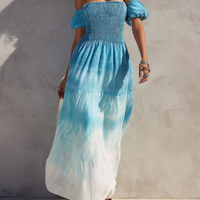 Women's Minimalist Linen-Blend Ombré Print Off-Shoulder Short-Sleeve Maxi Dress MDZ2905D9Y